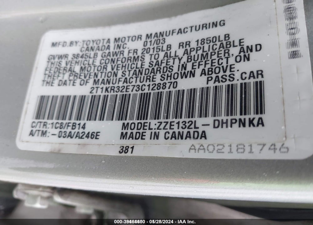2003 TOYOTA MATRIX/XR VIN: 2T1KR32E73C128870