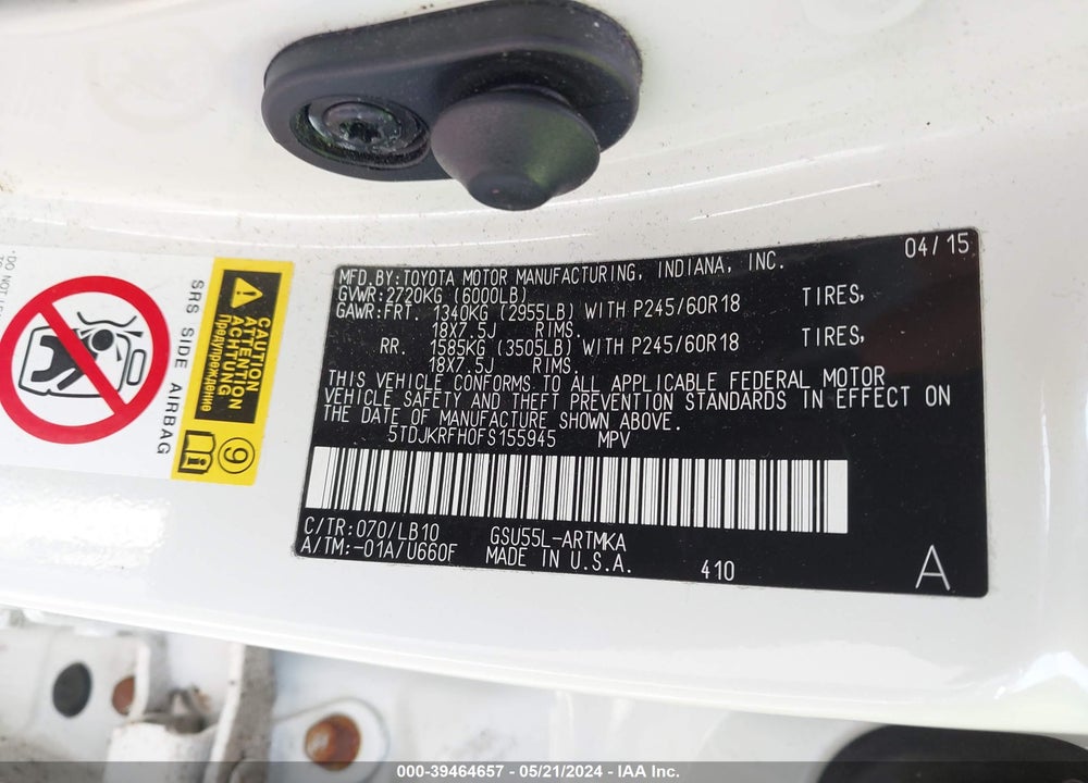 2015 TOYOTA HIGHLANDER XLE V6 VIN: 5TDJKRFH0FS155945