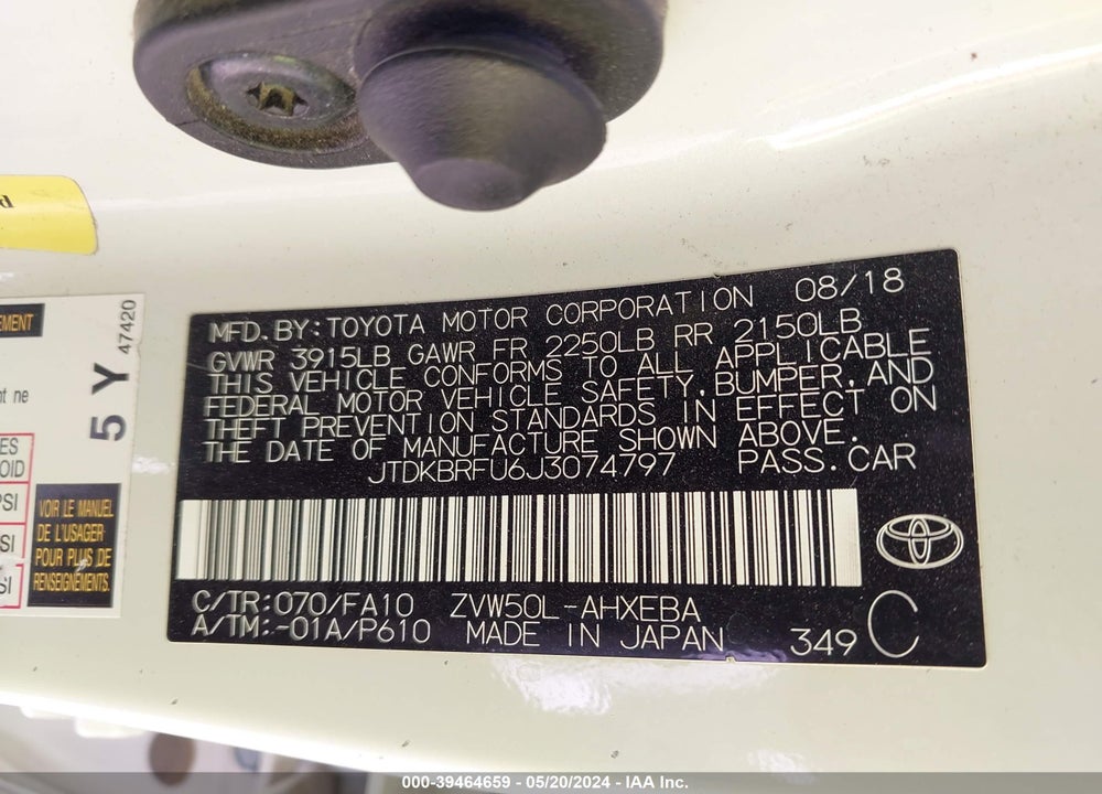 2018 TOYOTA PRIUS TWO VIN: JTDKBRFU6J3074797