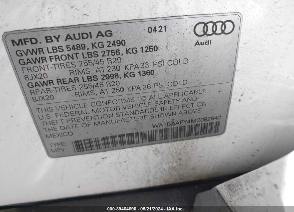 2021 AUDI Q5 PREMIUM PLUS 45 TFSI QUATTRO S TRONIC VIN: WA1BAAFY4M2092842