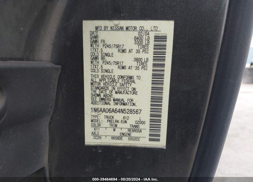 2004 NISSAN TITAN XE VIN: 1N6AA06A64N528567