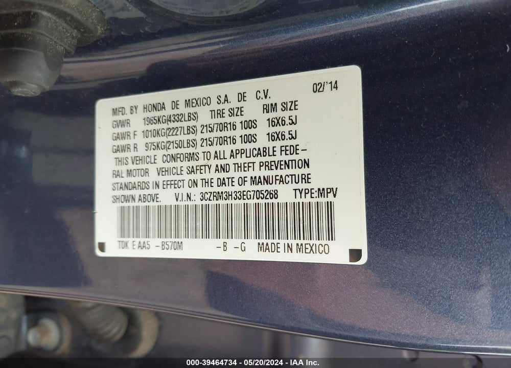2014 HONDA CR-V LX VIN: 3CZRM3H33EG705268