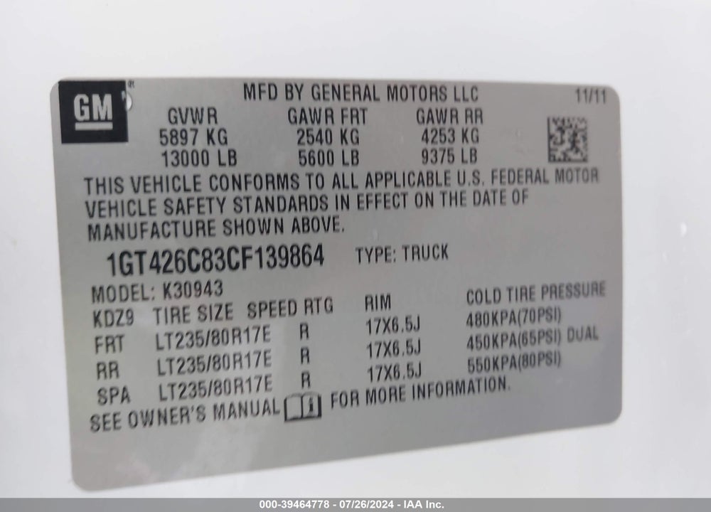 2012 GMC SIERRA 3500HD DENALI VIN: 1GT426C83CF139864