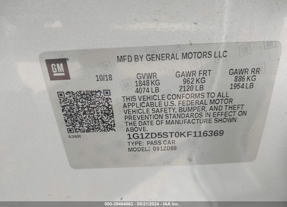 2019 CHEVROLET MALIBU LT VIN: 1G1ZD5ST0KF116369