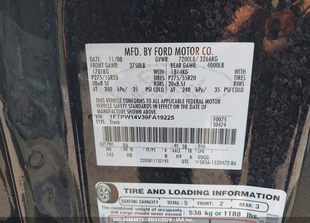 2009 FORD F-150 FX4/KING RANCH/LARIAT/PLATINUM/XL/XLT VIN: 1FTPW14V39FA19225