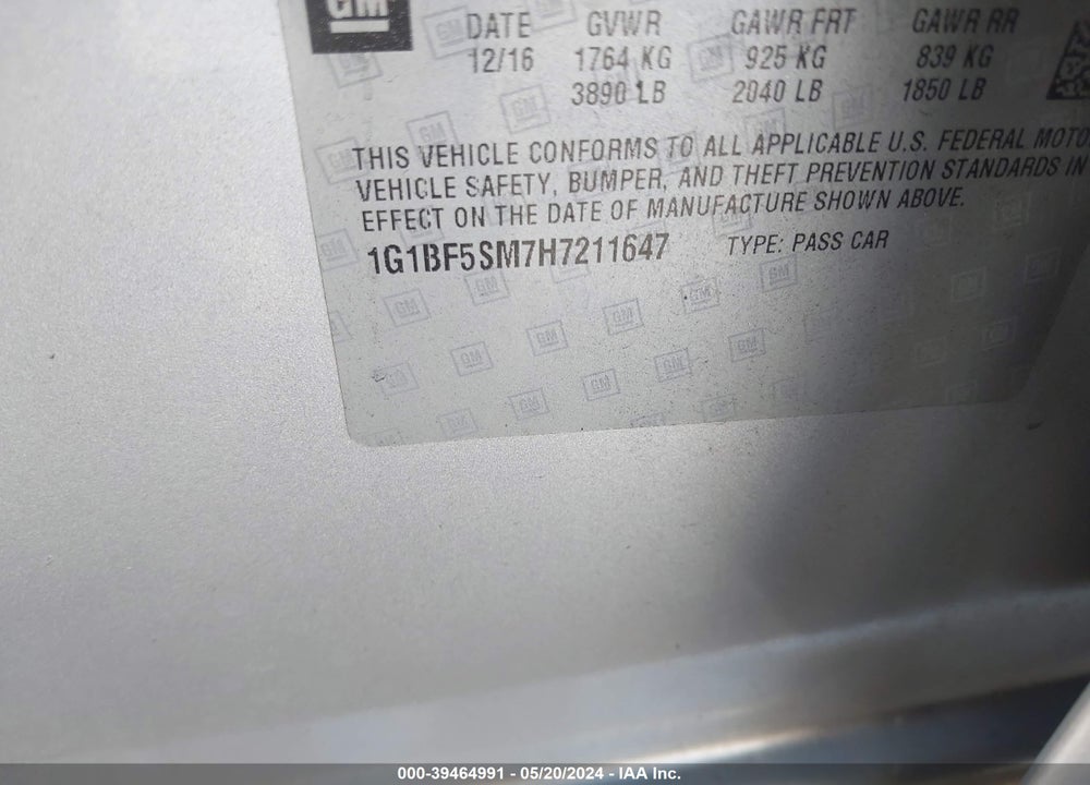 2017 CHEVROLET CRUZE PREMIER AUTO VIN: 1G1BF5SM7H7211647