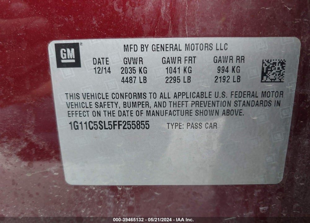 2015 CHEVROLET MALIBU 1LT VIN: 1G11C5SL5FF255855