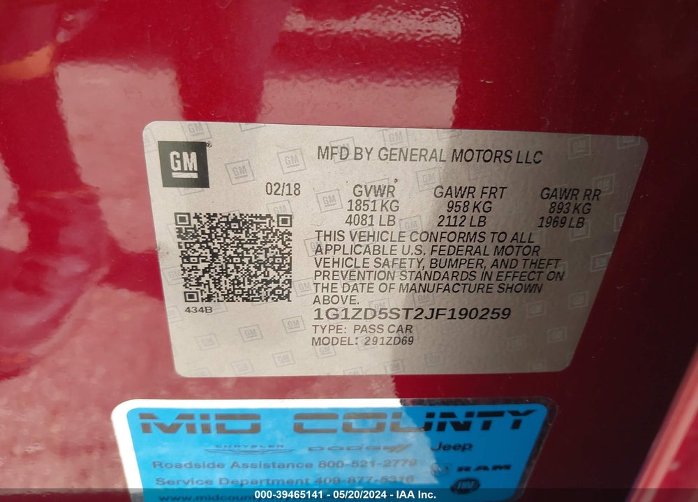 2018 CHEVROLET MALIBU LT VIN: 1G1ZD5ST2JF190259