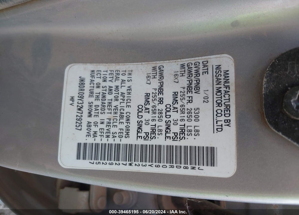 2002 NISSAN PATHFINDER SE VIN: JN8DR09Y32W729257