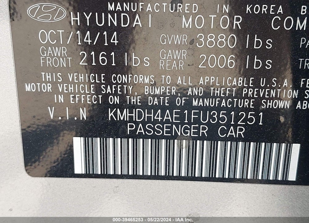 2015 HYUNDAI ELANTRA SE (ULSAN PLANT) VIN: KMHDH4AE1FU351251