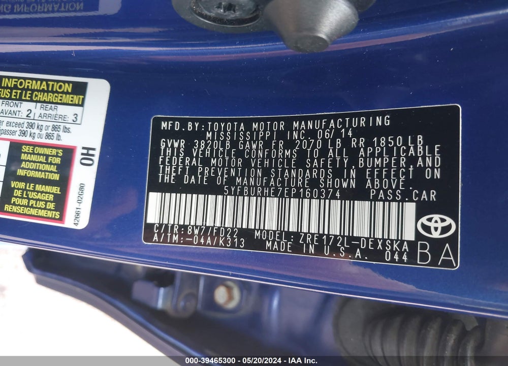 2014 TOYOTA COROLLA S PLUS VIN: 5YFBURHE7EP160374