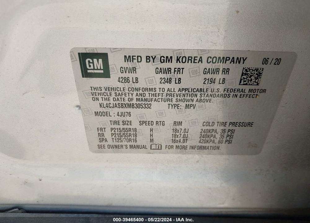 2021 BUICK ENCORE FWD PREFERRED VIN: KL4CJASBXMB305332