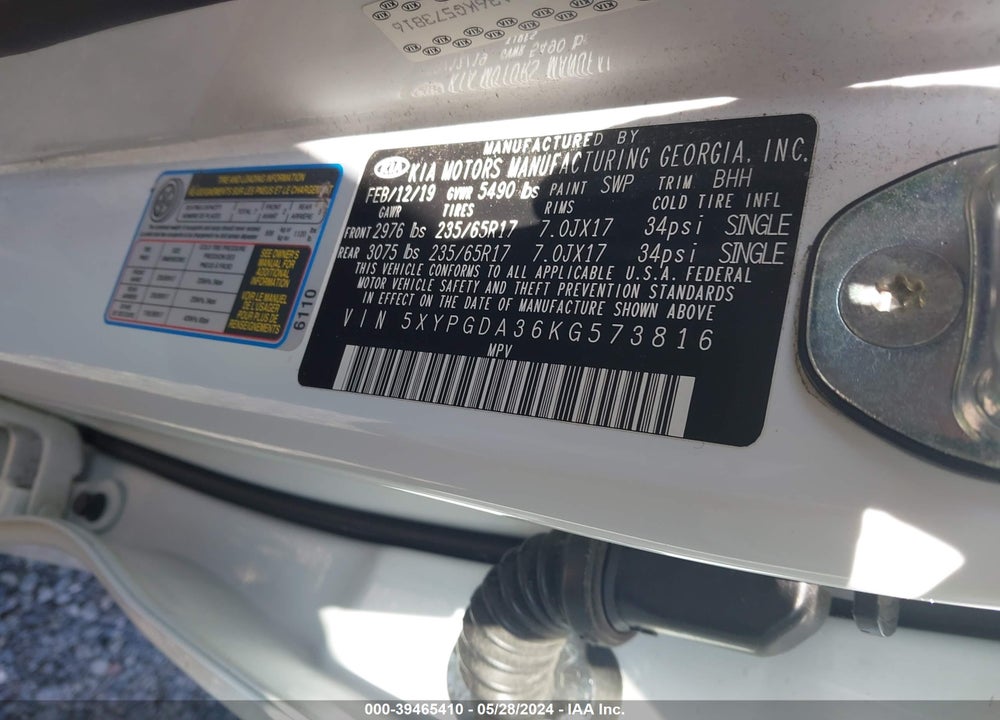 2019 KIA SORENTO 2.4L LX VIN: 5XYPGDA36KG573816