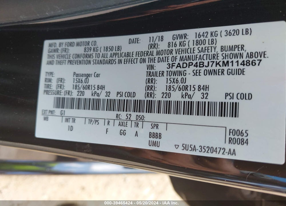 2019 FORD FIESTA SE VIN: 3FADP4BJ7KM114867