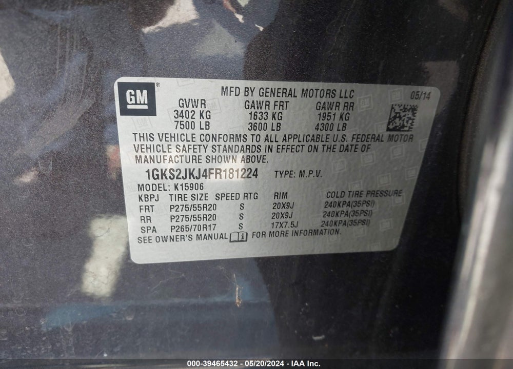 2015 GMC YUKON XL 1500 DENALI VIN: 1GKS2JKJ4FR181224