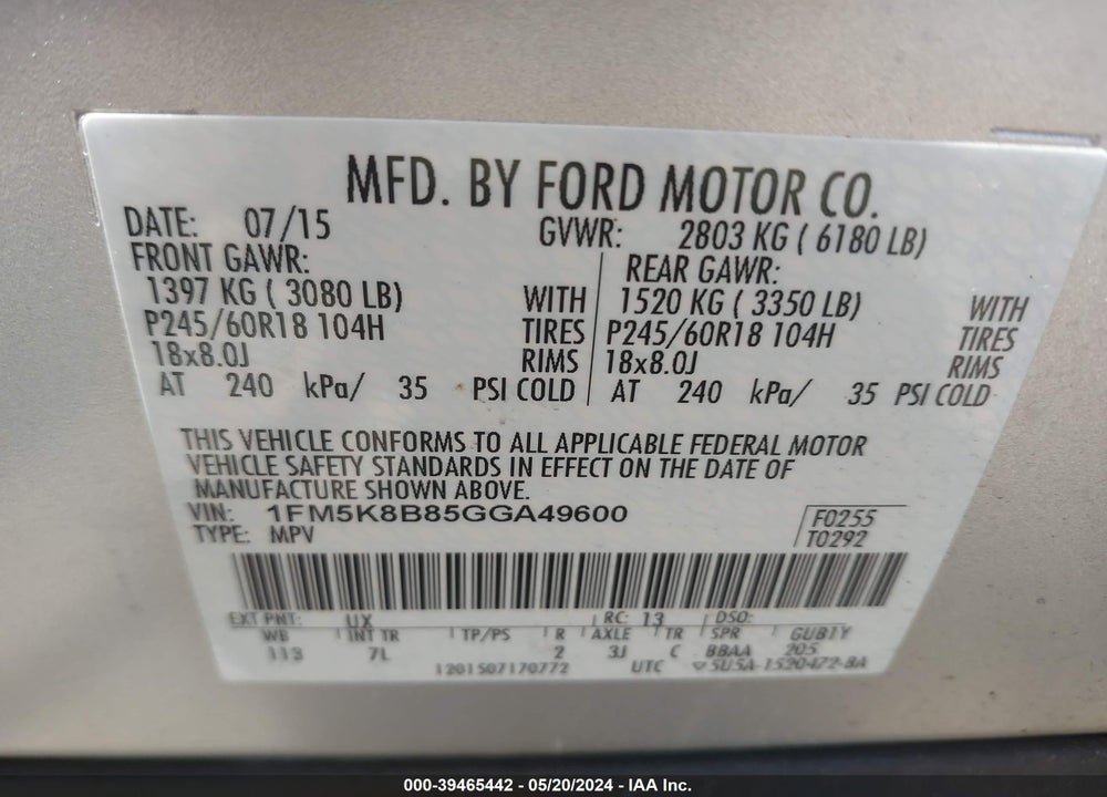 2016 FORD EXPLORER VIN: 1FM5K8B85GGA49600