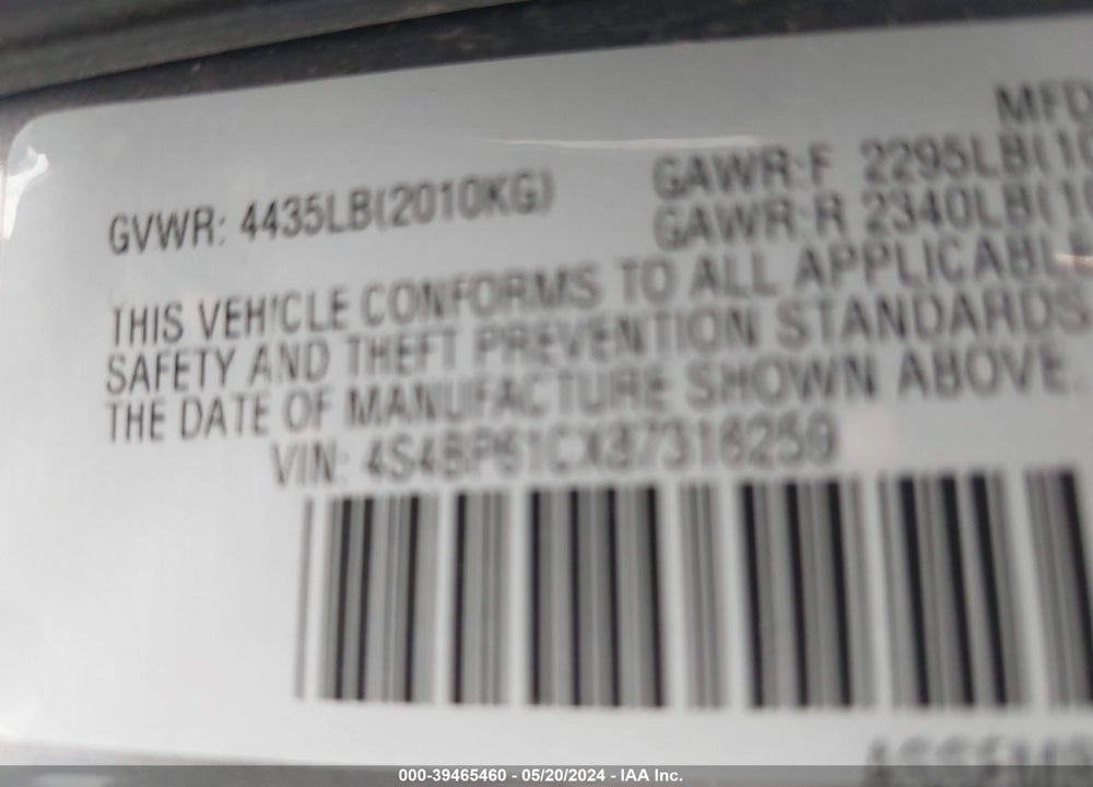 2008 SUBARU OUTBACK 2.5I/2.5I L.L. BEAN EDITION VIN: 4S4BP61CX87316259