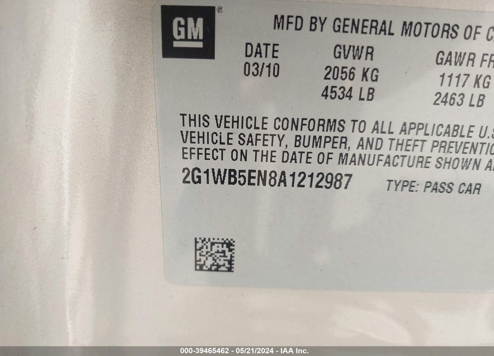 2010 CHEVROLET IMPALA LT VIN: 2G1WB5EN8A1212987