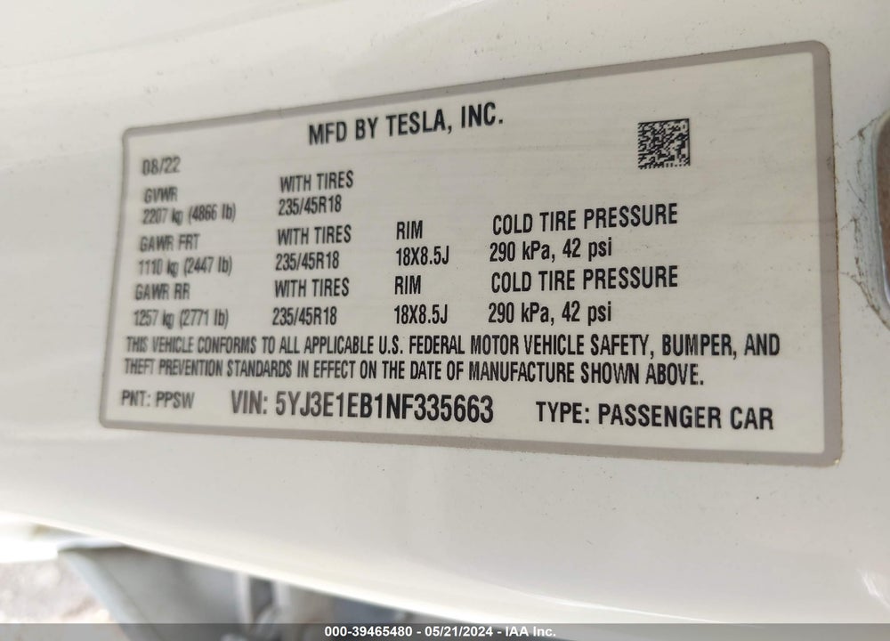 2022 TESLA MODEL 3 LONG RANGE DUAL MOTOR ALL-WHEEL DRIVE VIN: 5YJ3E1EB1NF335663