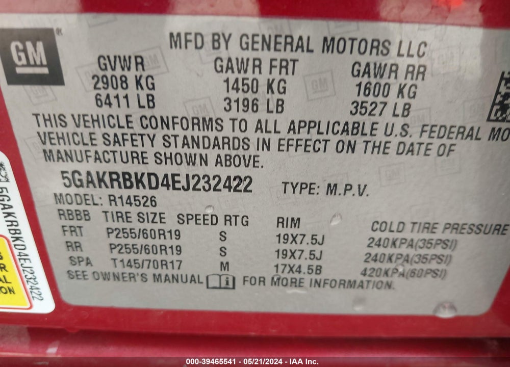 2014 BUICK ENCLAVE LEATHER VIN: 5GAKRBKD4EJ232422