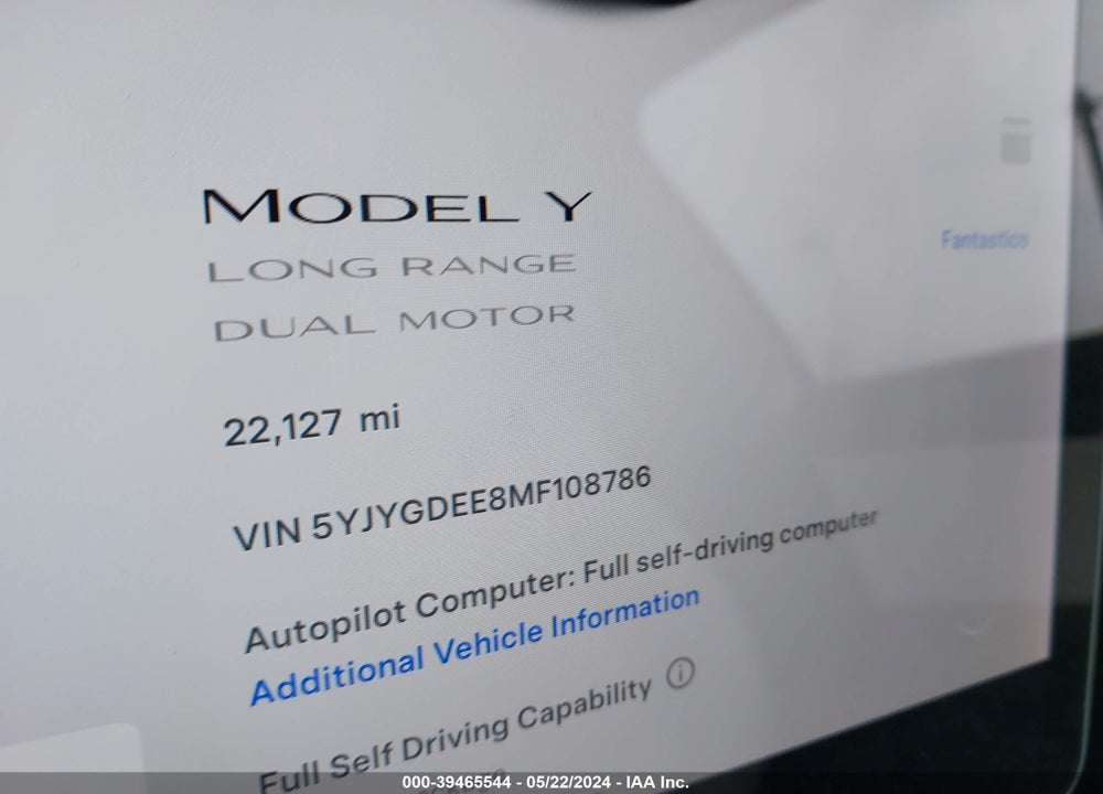 2021 TESLA MODEL Y LONG RANGE DUAL MOTOR ALL-WHEEL DRIVE VIN: 5YJYGDEE8MF108786