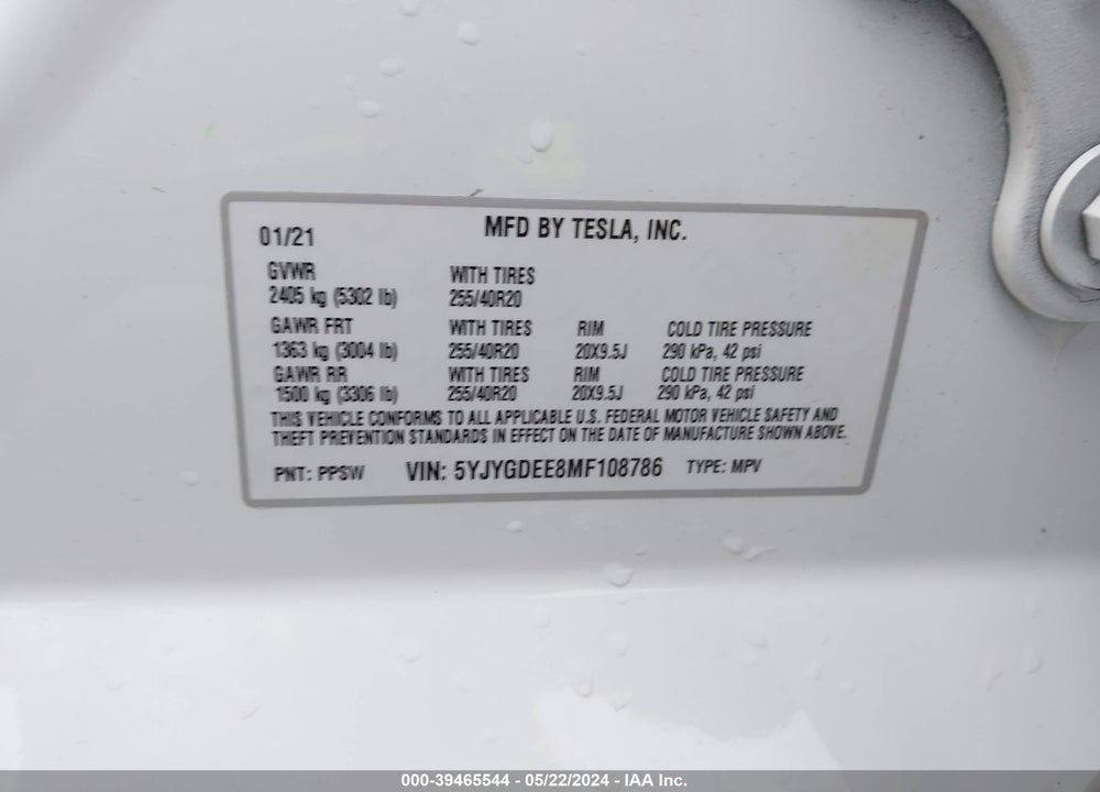 2021 TESLA MODEL Y LONG RANGE DUAL MOTOR ALL-WHEEL DRIVE VIN: 5YJYGDEE8MF108786