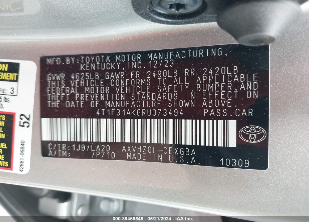 2024 TOYOTA CAMRY HYBRID XLE VIN: 4T1F31AK6RU073494