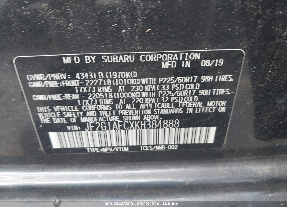 2019 SUBARU CROSSTREK 2.0I PREMIUM VIN: JF2GTAECXKH384888