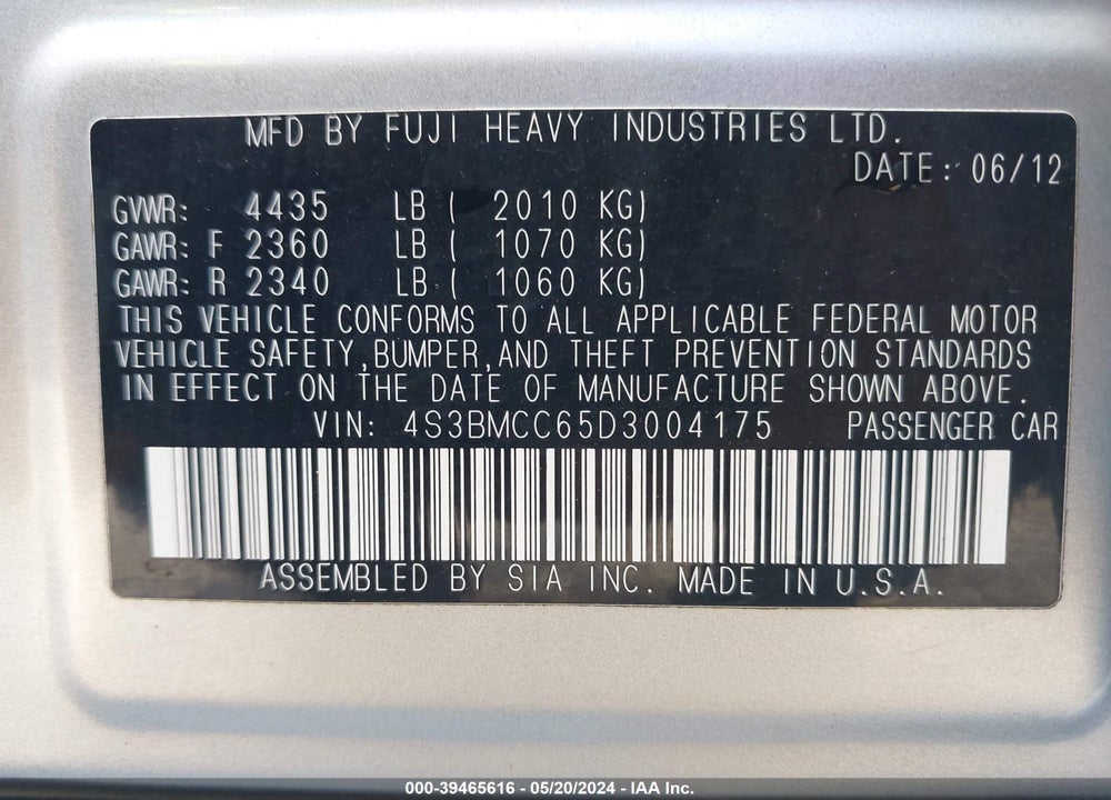 2013 SUBARU LEGACY 2.5I PREMIUM VIN: 4S3BMCC65D3004175