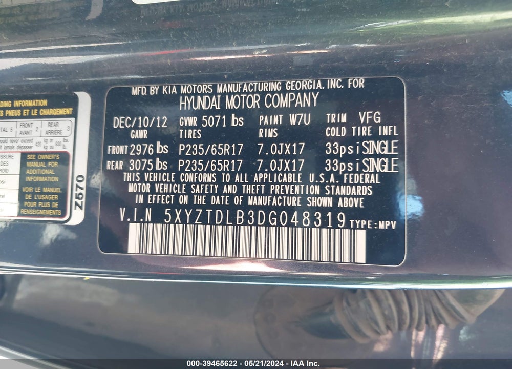 2013 HYUNDAI SANTA FE SPORT VIN: 5XYZTDLB3DG048319