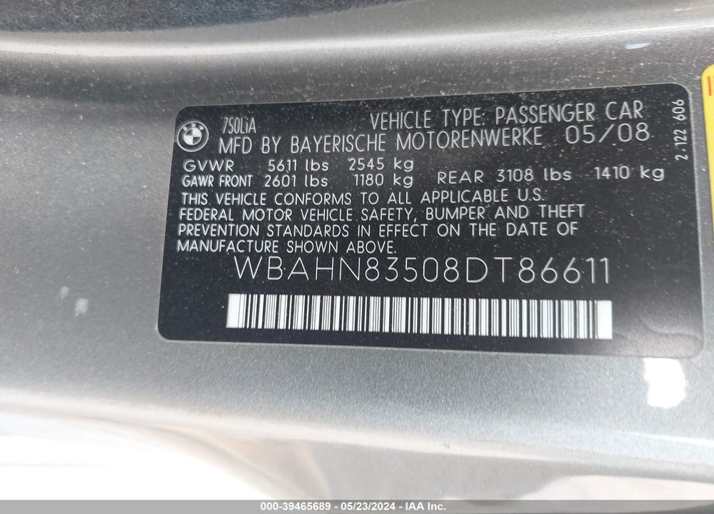 2008 BMW 750LI VIN: WBAHN83508DT86611