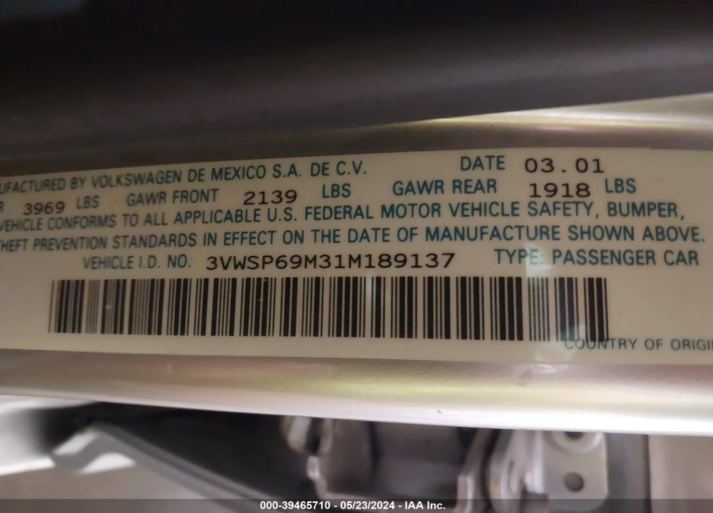 2001 VOLKSWAGEN JETTA GLS TDI VIN: 3VWSP69M31M189137
