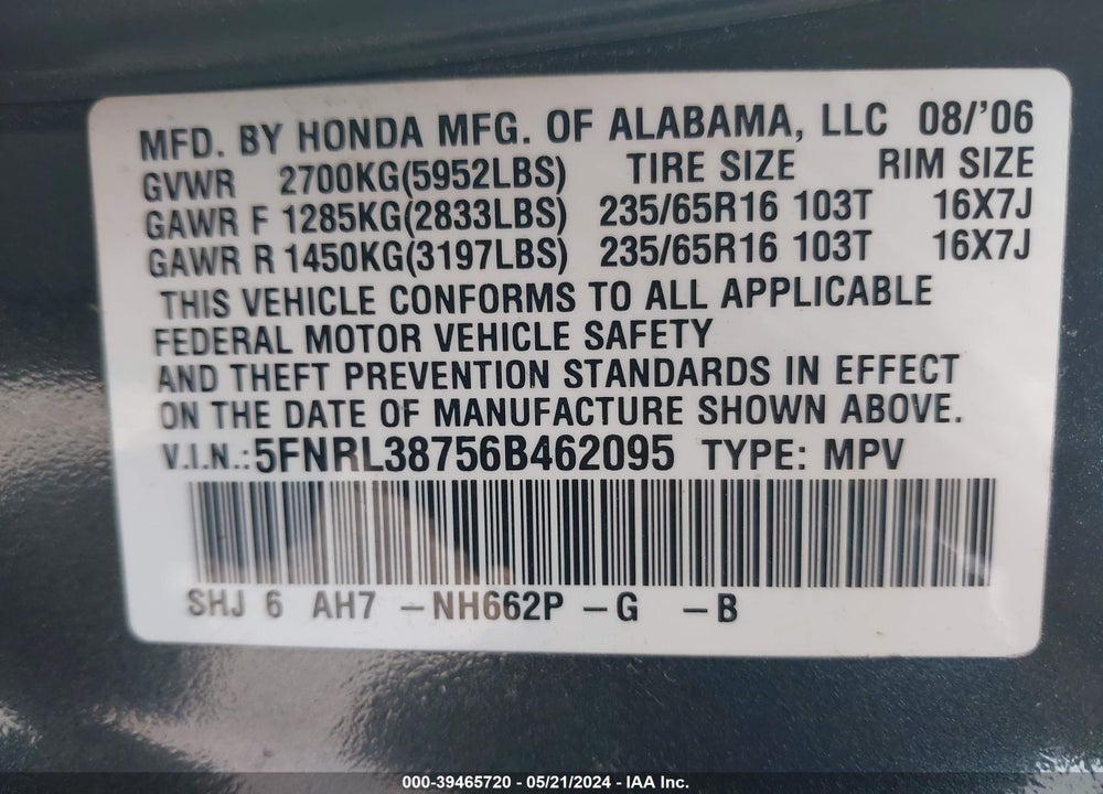 2006 HONDA ODYSSEY EX-L VIN: 5FNRL38756B462095