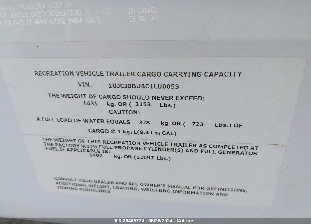 2012 JAYCO OTHER VIN: 1UJCJ0BU8C1LU0053