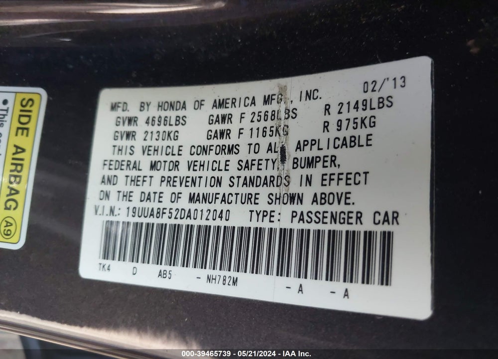 2013 ACURA TL 3.5 VIN: 19UUA8F52DA012040