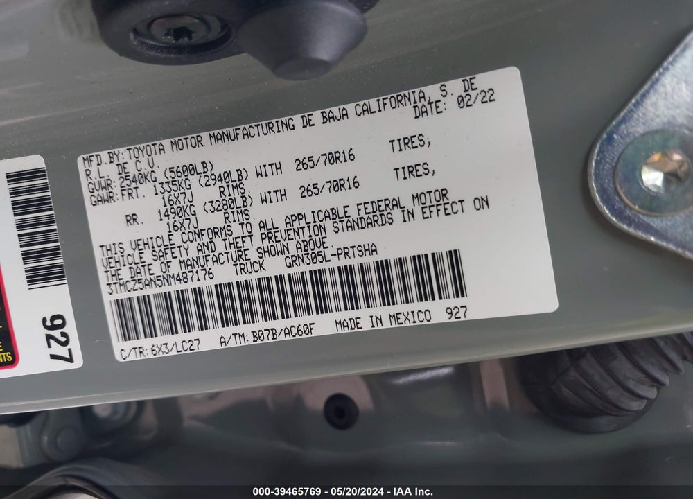 2022 TOYOTA TACOMA TRD OFF ROAD VIN: 3TMCZ5AN5NM487176