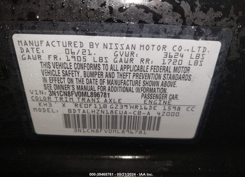 2021 NISSAN VERSA SR XTRONIC CVT VIN: 3N1CN8FV0ML896781