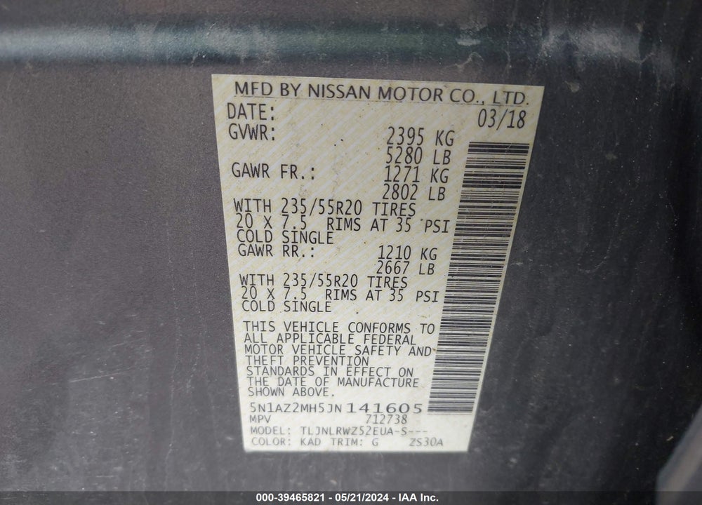 2018 NISSAN MURANO SL VIN: 5N1AZ2MH5JN141605