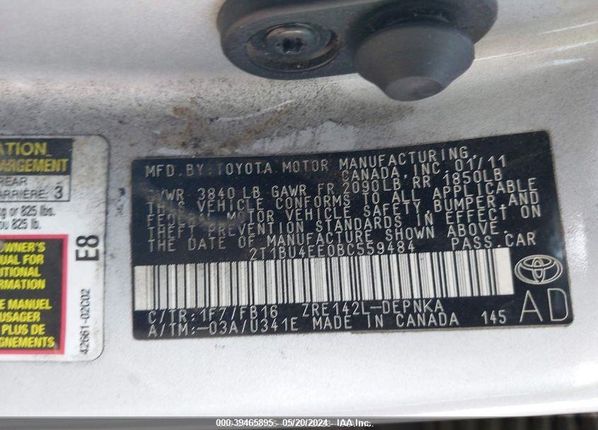 2011 TOYOTA COROLLA VIN: 2T1BU4EE0BC559484