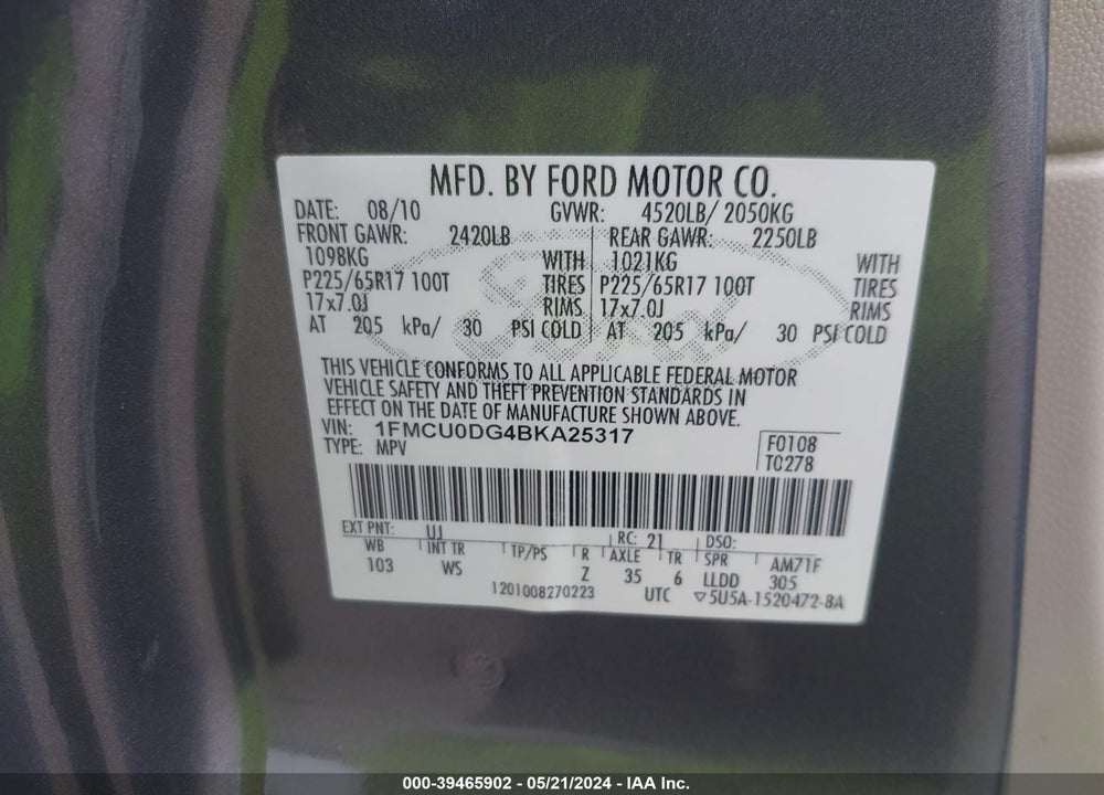 2011 FORD ESCAPE XLT VIN: 1FMCU0DG4BKA25317