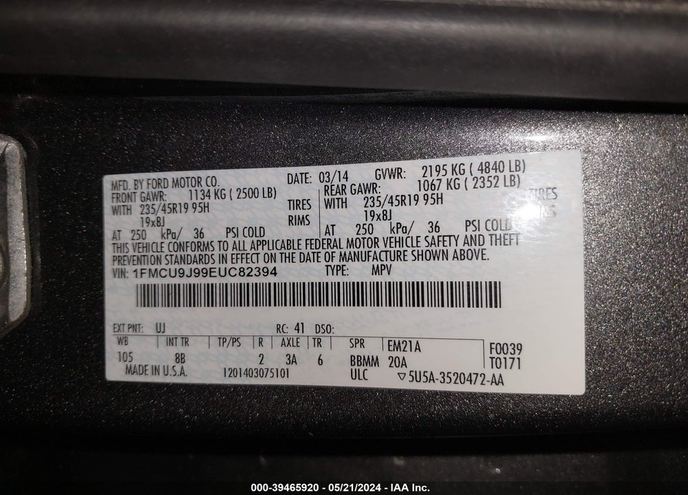 2014 FORD ESCAPE VIN: 1FMCU9J99EUC82394