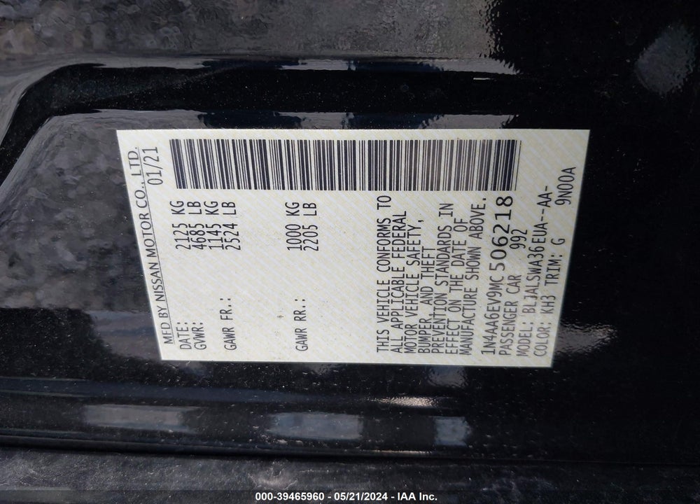 2021 NISSAN MAXIMA SR XTRONIC CVT VIN: 1N4AA6EV9MC506218