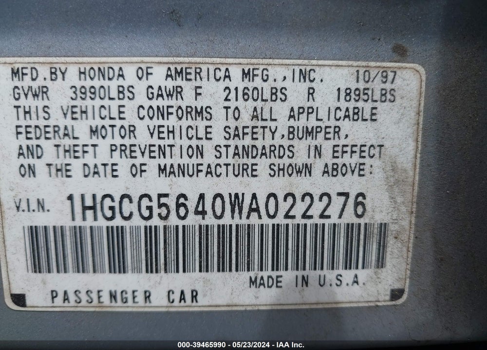 1998 HONDA ACCORD LX VIN: 1HGCG5640WA022276
