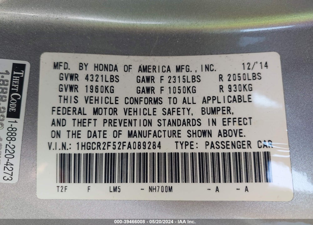 2015 HONDA ACCORD SPORT VIN: 1HGCR2F52FA089284