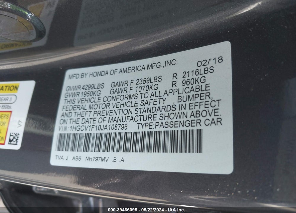 2018 HONDA ACCORD LX VIN: 1HGCV1F10JA108796