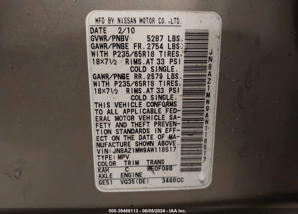 2010 NISSAN MURANO SL VIN: JN8AZ1MW9AW118517