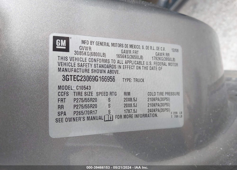 2009 GMC SIERRA 1500 SLE VIN: 3GTEC23069G166956
