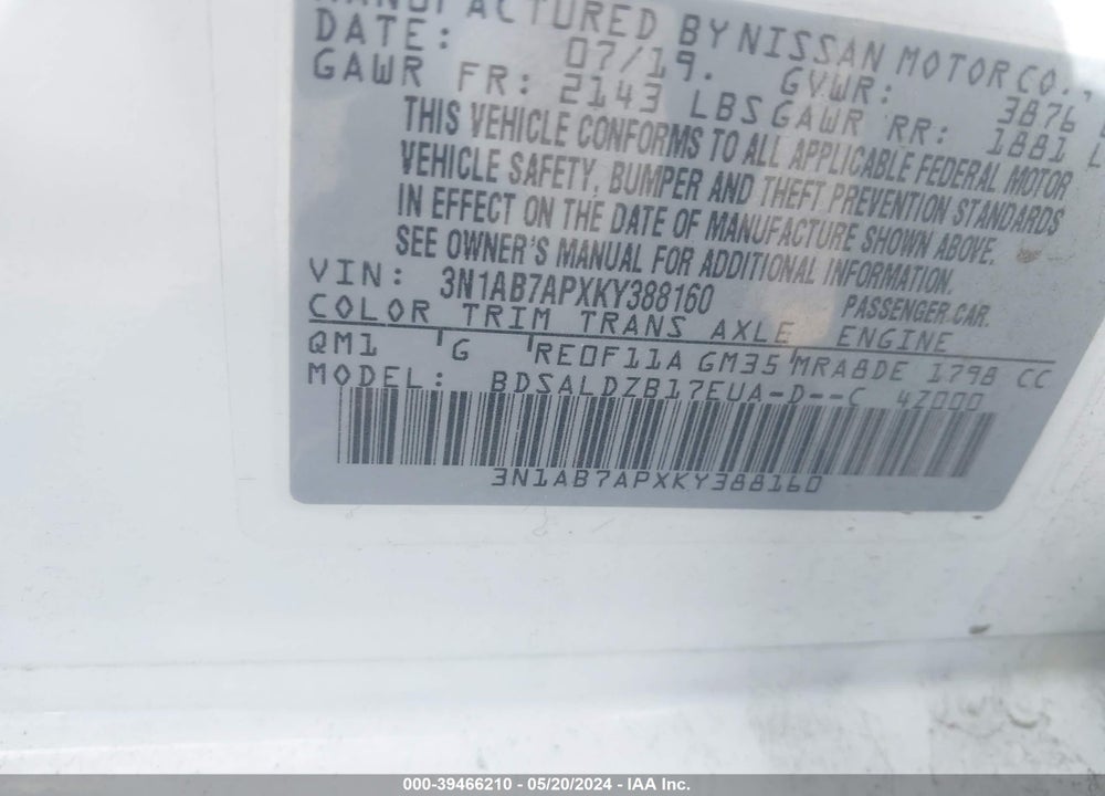 2019 NISSAN SENTRA SV VIN: 3N1AB7APXKY388160