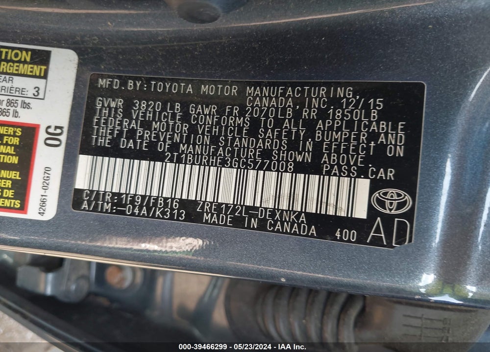 2016 TOYOTA COROLLA LE VIN: 2T1BURHE3GC577008