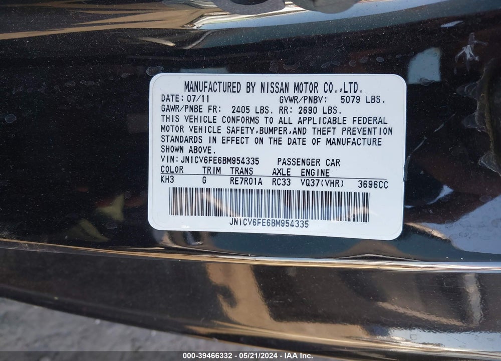 2011 INFINITI G37 VIN: JN1CV6FE6BM954335